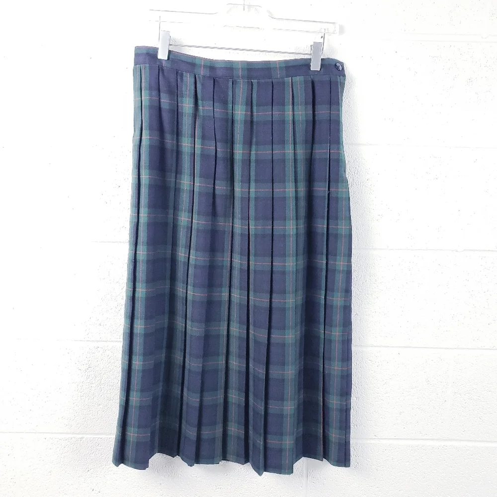 Vintage School Girl Pleated A-Line Midi‎ Skirt Blue Green Plaid Women's Size 14